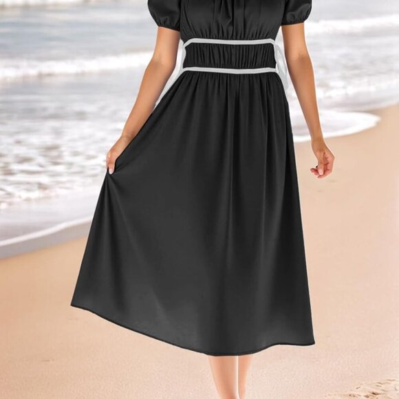 Women's Midi Dress Off Shoulder Puff Sleeve Summer Casual Flowy A Line Beach - Picture 2 of 5